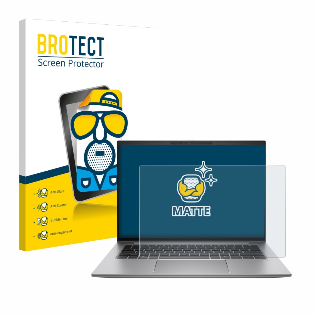 Front side of a product packaging with the brand logo BROTECT. Next to it is the device HP Zbook Firefly 14 G11 shown with the