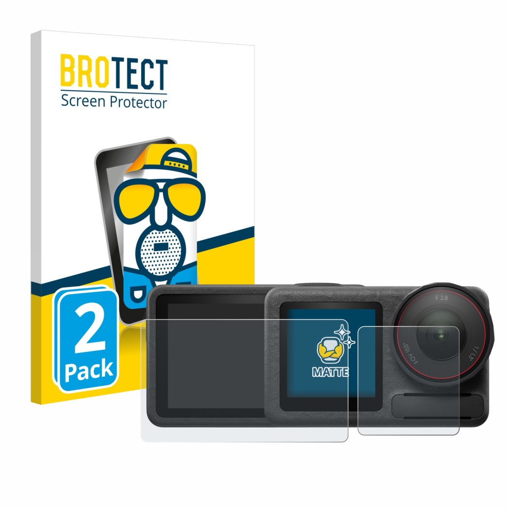 Face avant d’un emballage produit avec le logo de la marque BROTECT. À côté, l’appareil DJI Osmo Action 5 Pro est représenté a