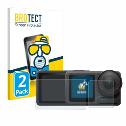 Face avant d’un emballage produit avec le logo de la marque BROTECT. À côté, l’appareil DJI Osmo Action 5 Pro est représenté a