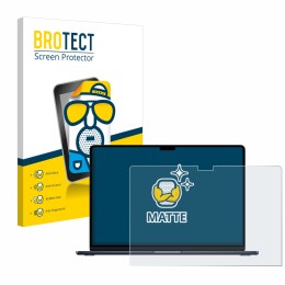 Parte frontal de un envase de producto con el logotipo de la marca BROTECT. Al lado se muestra el dispositivo Apple MacBook Ai