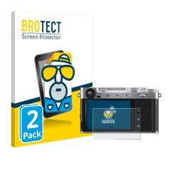 Front side of a product packaging with the brand logo BROTECT. Next to it is the device Fujifilm X-E5 shown with the correspon