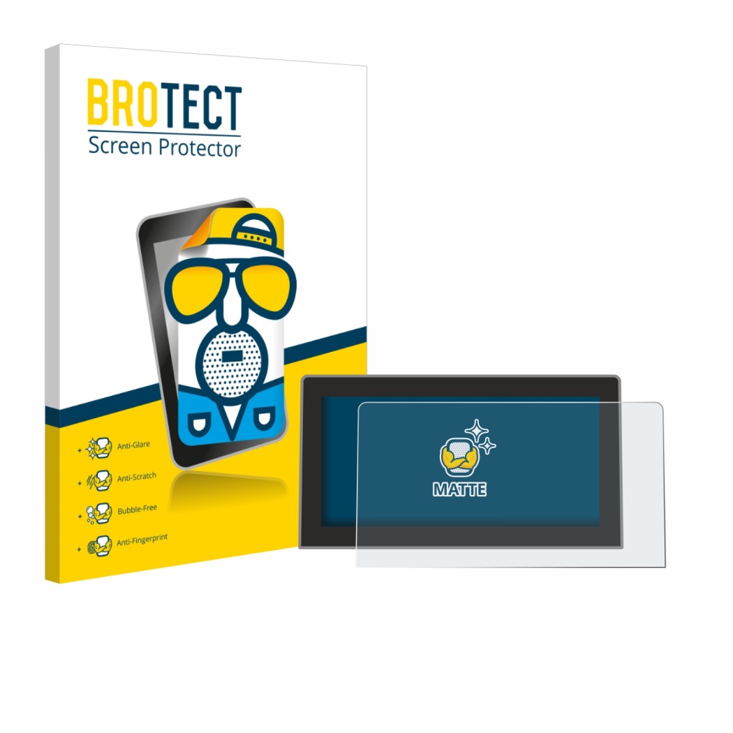 Front side of a product packaging with the brand logo BROTECT. Next to it is the device Volkswagen Golf MK8.5 12.9