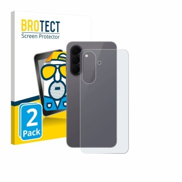Vorderseite einer Produktverpackung mit dem Markenlogo BROTECT. Daneben ist das Gerät Samsung Galaxy A57 5G (Rückseite) mit de