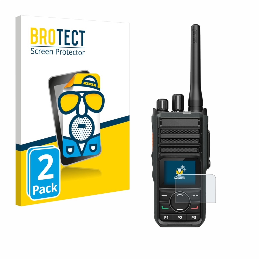 Vorderseite einer Produktverpackung mit dem Markenlogo BROTECT. Daneben ist das Gerät Hytera HP565 mit dem zugehörigen Display