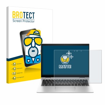 Face avant d’un emballage produit avec le logo de la marque BROTECT. À côté, l’appareil HP Elite x360 830 G10 2-in-1 est repré