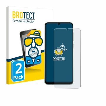 Front side of a product packaging with the brand logo BROTECT. Next to it is the device Samsung Galaxy M05 shown with the corr