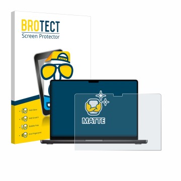 Front side of a product packaging with the brand logo BROTECT. Next to it is the device Apple MacBook Pro 16