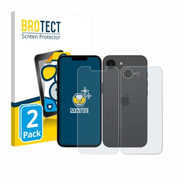 Face avant d’un emballage produit avec le logo de la marque BROTECT. À côté, l’appareil Apple iPhone 17e (Avant+Arrière) est r