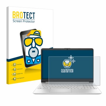 Parte frontal de un envase de producto con el logotipo de la marca BROTECT. Al lado se muestra el dispositivo HP 15s-fq2000 co