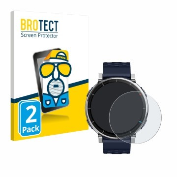 Face avant d’un emballage produit avec le logo de la marque BROTECT. À côté, l’appareil Amazfit Active 3 Premium est représent