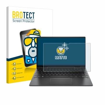 Parte frontal de un envase de producto con el logotipo de la marca BROTECT. Al lado se muestra el dispositivo HP Envy x360 Con