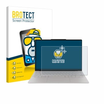 Parte frontal de un envase de producto con el logotipo de la marca BROTECT. Al lado se muestra el dispositivo Lenovo Yoga Slim