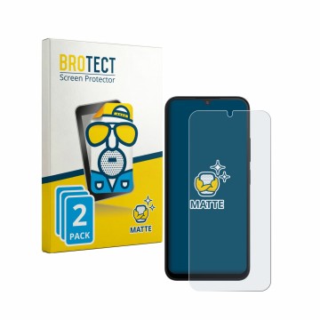 Parte frontal de un envase de producto con el logotipo de la marca BROTECT. Al lado se muestra el dispositivo Xiaomi Redmi A7 