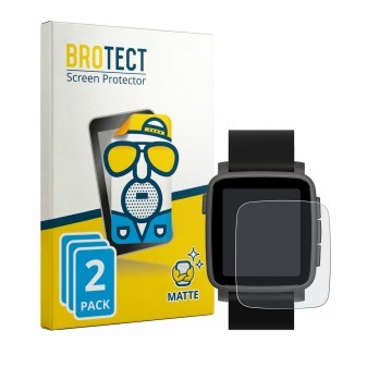 Parte frontal de un envase de producto con el logotipo de la marca BROTECT. Al lado se muestra el dispositivo Pebble Time 2 20