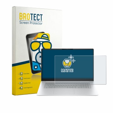 Parte frontal de un envase de producto con el logotipo de la marca BROTECT. Al lado se muestra el dispositivo HP OmniBook 3 17