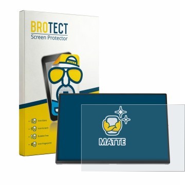Front side of a product packaging with the brand logo BROTECT. Next to it is the device ASUS ZenScreen OLED MQ16FC shown with 