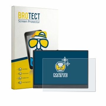 Front side of a product packaging with the brand logo BROTECT. Next to it is the device ASUS ZenScreen MB16NCG shown with the 