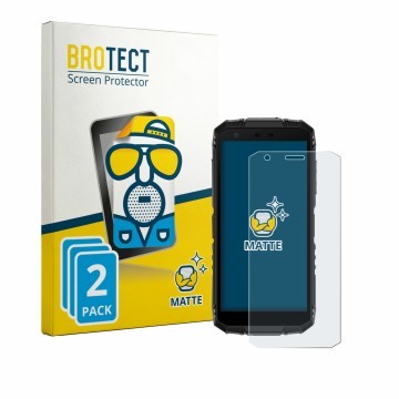 Parte frontal de un envase de producto con el logotipo de la marca BROTECT. Al lado se muestra el dispositivo Doogee Fire 3 co