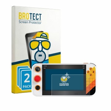 Face avant d’un emballage produit avec le logo de la marque BROTECT. À côté, l’appareil My Arcade Atari Gamestation Go Portabl