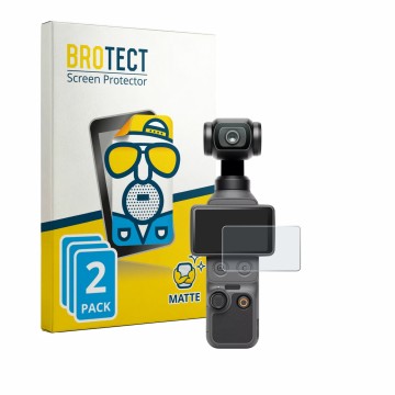 Face avant d’un emballage produit avec le logo de la marque BROTECT. À côté, l’appareil DJI Osmo Pocket 4 est représenté avec 