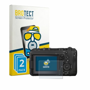 Face avant d’un emballage produit avec le logo de la marque BROTECT. À côté, l’appareil Canon EOS R6 V est représenté avec la 