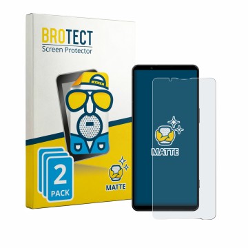 Parte frontal de un envase de producto con el logotipo de la marca BROTECT. Al lado se muestra el dispositivo Sony Xperia 1 VI