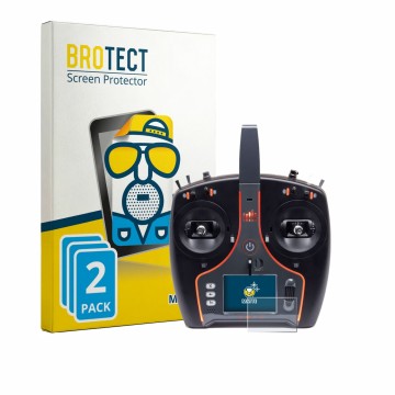 Front side of a product packaging with the brand logo BROTECT. Next to it is the device Spektrum NX7e Plus shown with the corr
