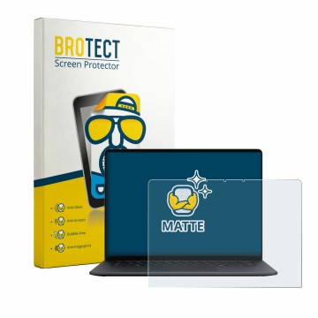 Face avant d’un emballage produit avec le logo de la marque BROTECT. À côté, l’appareil Microsoft Surface Laptop 15