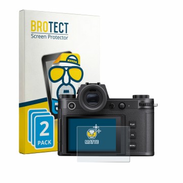 Face avant d’un emballage produit avec le logo de la marque BROTECT. À côté, l’appareil Leica SL3-P est représenté avec la pro