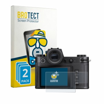 Face avant d’un emballage produit avec le logo de la marque BROTECT. À côté, l’appareil Leica SL3-P (Affichage + affichage des
