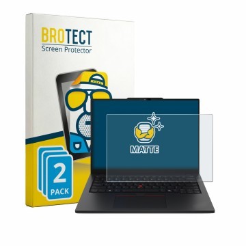 Parte frontal de un envase de producto con el logotipo de la marca BROTECT. Al lado se muestra el dispositivo Lenovo ThinkPad 