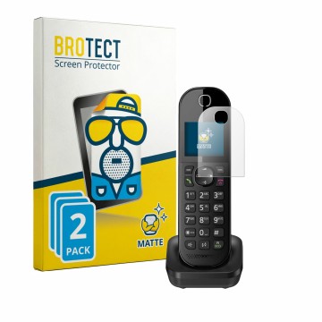 Front side of a product packaging with the brand logo BROTECT. Next to it is the device Panasonic KX-TGC463 shown with the cor