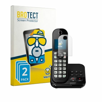 Front side of a product packaging with the brand logo BROTECT. Next to it is the device Panasonic KX-TGC422 shown with the cor