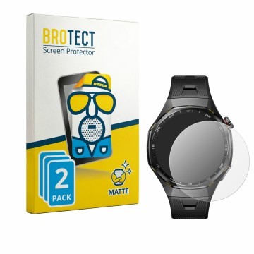 Parte frontal de un envase de producto con el logotipo de la marca BROTECT. Al lado se muestra el dispositivo Huawei Watch GT 