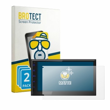 Parte frontal de un envase de producto con el logotipo de la marca BROTECT. Al lado se muestra el dispositivo JVC KW-593BT con