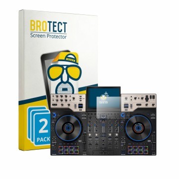Front side of a product packaging with the brand logo BROTECT. Next to it is the device Denon DJ Prime 4 G2 shown with the cor