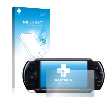 Vorderseite einer Produktverpackung mit dem Markenlogo upscreen. Daneben ist das Gerät Sony PSP 3004 mit dem zugehörigen Displ