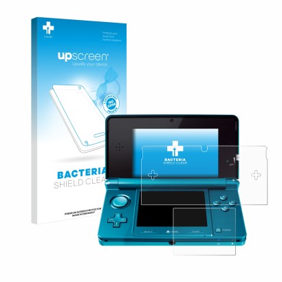Face avant d’un emballage produit avec le logo de la marque upscreen. À côté, l’appareil Nintendo 3DS est représenté avec la p