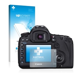 Parte frontal de un envase de producto con el logotipo de la marca upscreen. Al lado se muestra el dispositivo Canon EOS 5D Ma