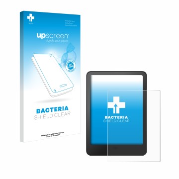 Vorderseite einer Produktverpackung mit dem Markenlogo upscreen. Daneben ist das Gerät Amazon Kindle Paperwhite 2012 mit dem z