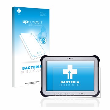 Front side of a product packaging with the brand logo upscreen. Next to it is the device Panasonic Toughpad FZ-G1 shown with t