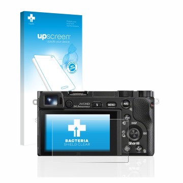 Face avant d’un emballage produit avec le logo de la marque upscreen. À côté, l’appareil Sony Alpha 6000 est représenté avec l