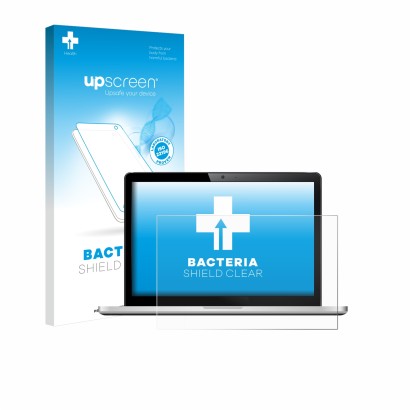 Vorderseite einer Produktverpackung mit dem Markenlogo upscreen. Daneben ist das Gerät mit dem zugehörigen Displayschutz abgeb