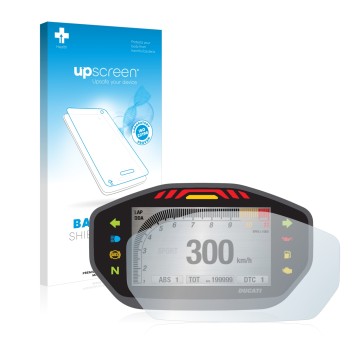 Parte frontal de un envase de producto con el logotipo de la marca upscreen. Al lado se muestra el dispositivo Ducati Monster 