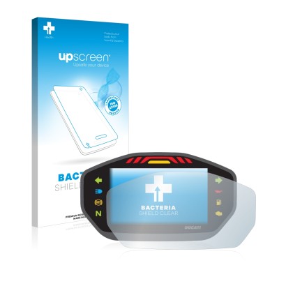 Parte frontal de un envase de producto con el logotipo de la marca upscreen. Al lado se muestra el dispositivo Ducati Monster 