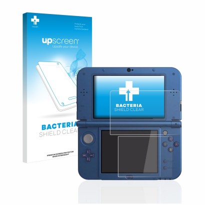 Parte frontal de un envase de producto con el logotipo de la marca upscreen. Al lado se muestra el dispositivo Nintendo New 3D