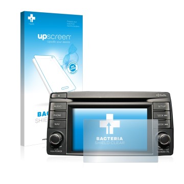 Face avant d’un emballage produit avec le logo de la marque upscreen. À côté, l’appareil Mazda CX-5 2012-2014 Infotainment Sys