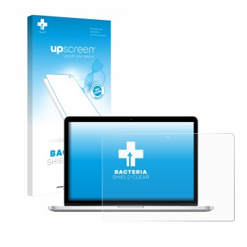 Vorderseite einer Produktverpackung mit dem Markenlogo upscreen. Daneben ist das Gerät Apple MacBook Retina Pro 13