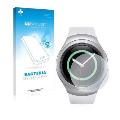 Face avant d’un emballage produit avec le logo de la marque upscreen. À côté, l’appareil Samsung Gear S2 est représenté avec l