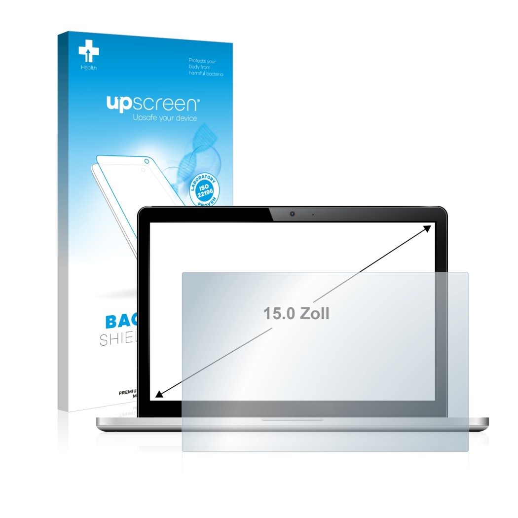 Parte frontal de un envase de producto con el logotipo de la marca upscreen. Al lado se muestra el dispositivo con su protecto